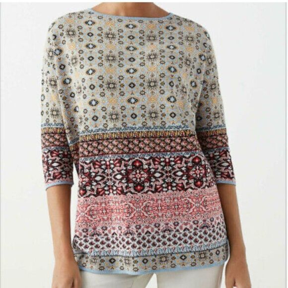 J Jill Linen & Cotton 3/4 Sleeve Boho Print Boat Neck Sweater Top Sz XL - Picture 4 of 7